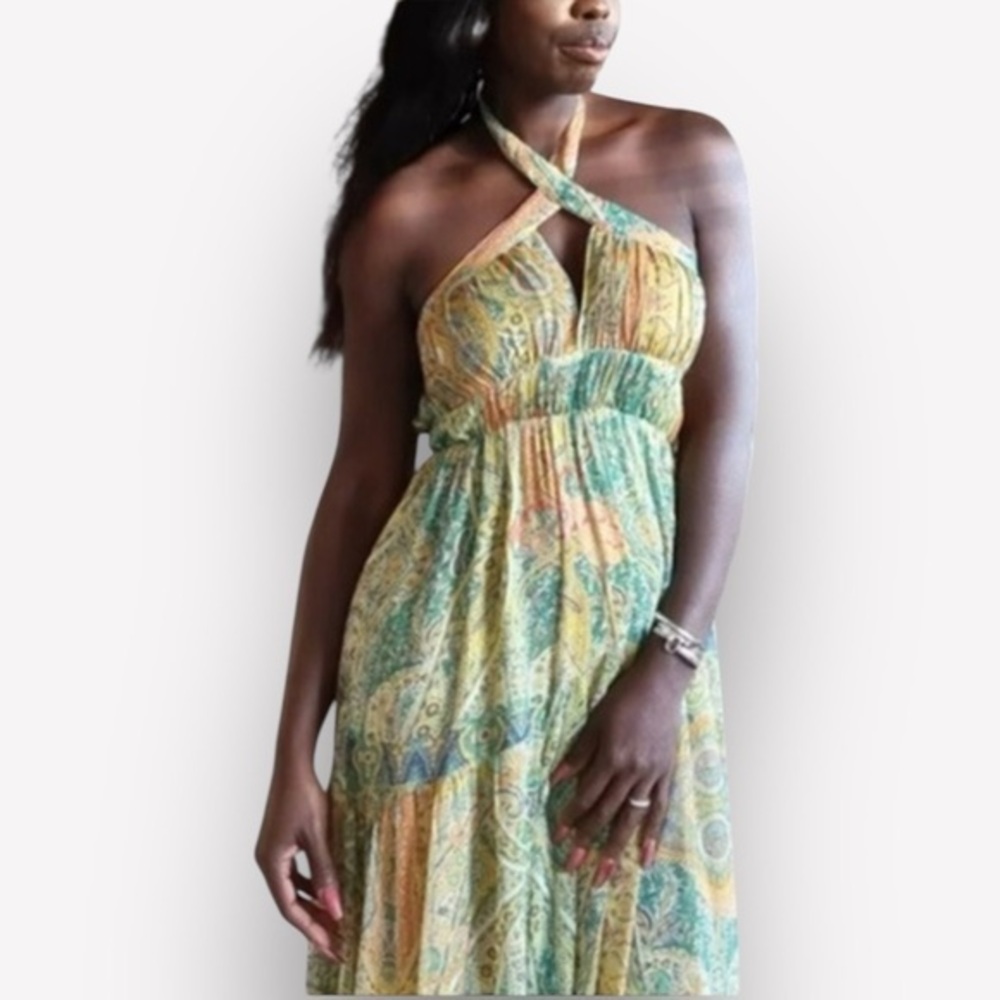🎭🥑Zara Floral Halter Maxi Dress XS Green Gold Lurex Metallic Paisley Tiered